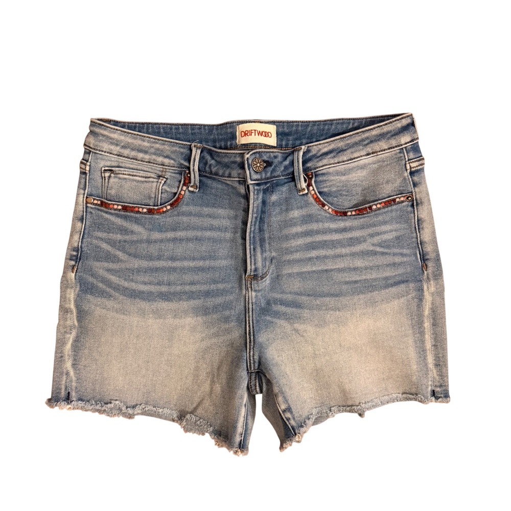 Driftwood Lulu Embroidered Denim Shorts Light Wash Raw Hem Size 30 Western